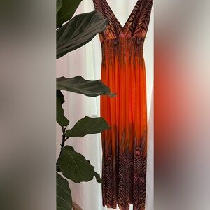 MLJY Peacock Sundress maxi sleeveless V neck Coral Summer Beach Casual Medium